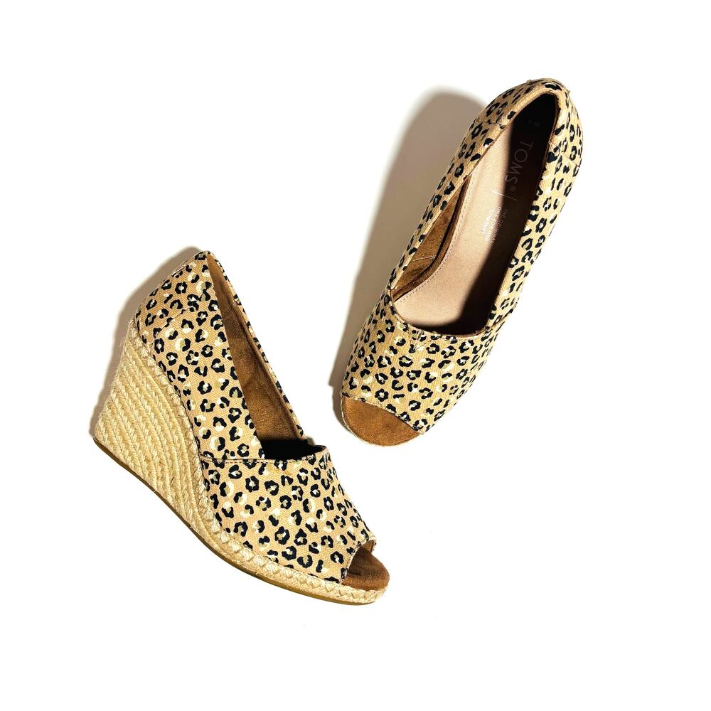 TOMS Cheetah Print Wedges – Peep Toe Espadrille Heel